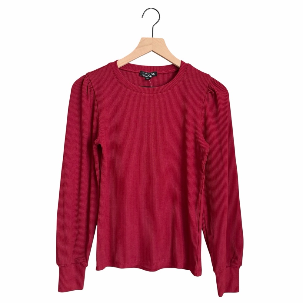 J. Crew Ribbed Puff Sleeve Crewneck Top Red Size Small NWT